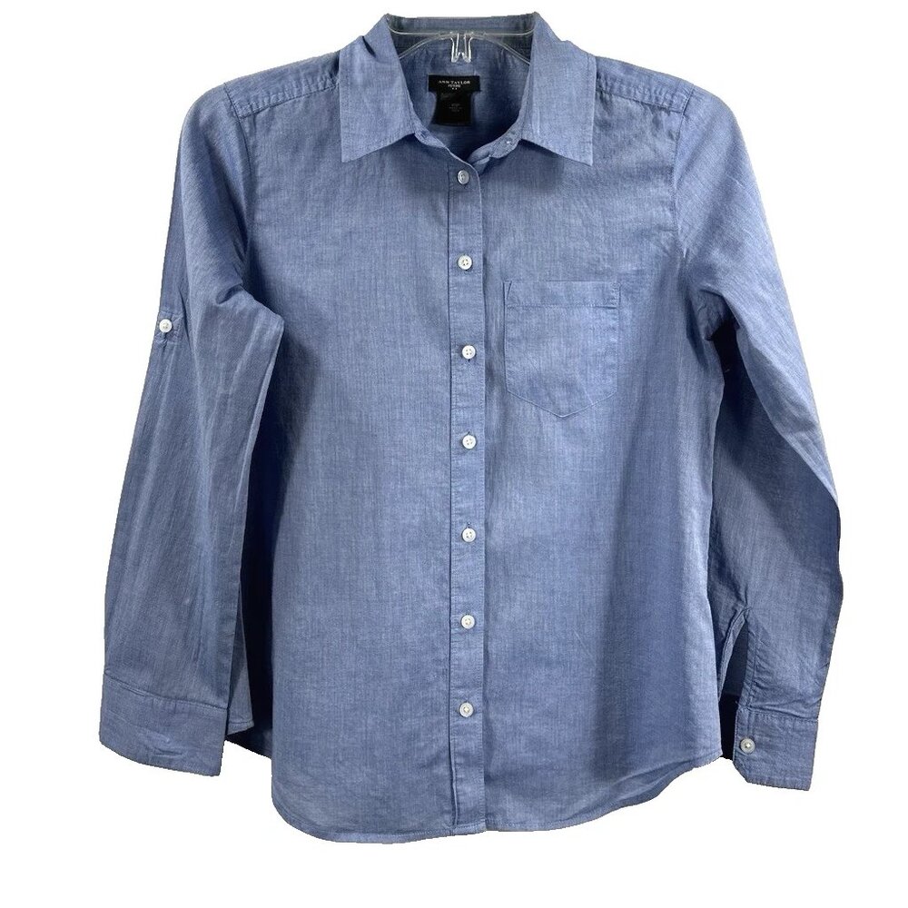 Ann Taylor Blue Denim Look Button Up Shirt Fitted Cotton Petite Women Size XSP